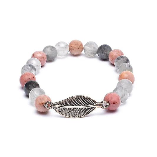 Bracelet Rhodonite - Quartz Gris avec Plume