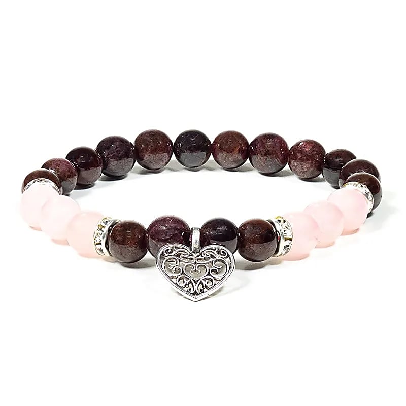Bracelet Grenat et Quartz rose avec charm cœur
