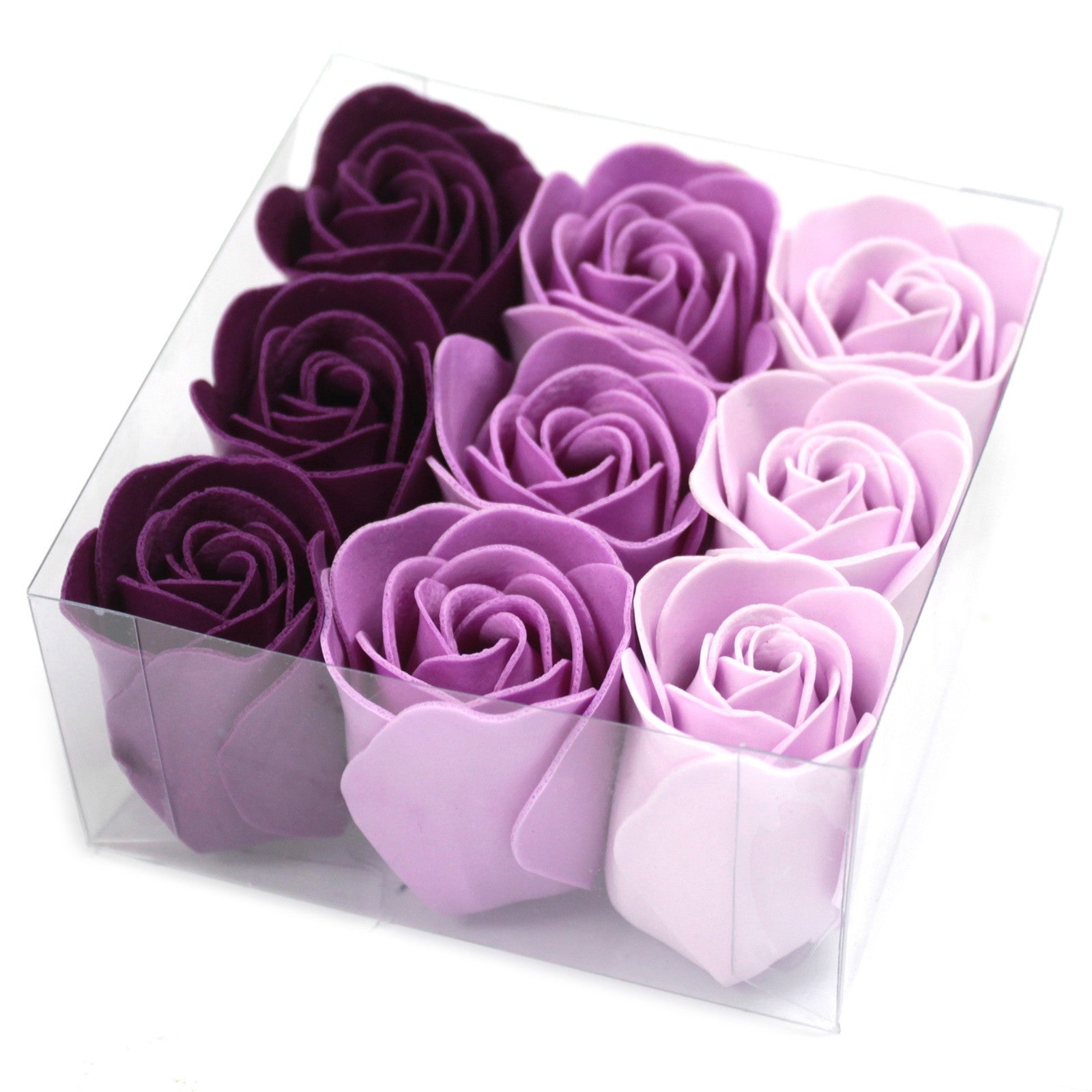 Boite de 9 roses de savon en gros plan, sans noeud d&