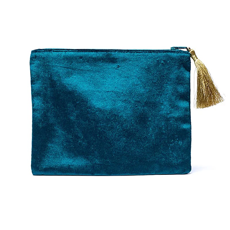 Pochette zippée en velours Pétrole | broderie Oeil : sobriété et raffinement