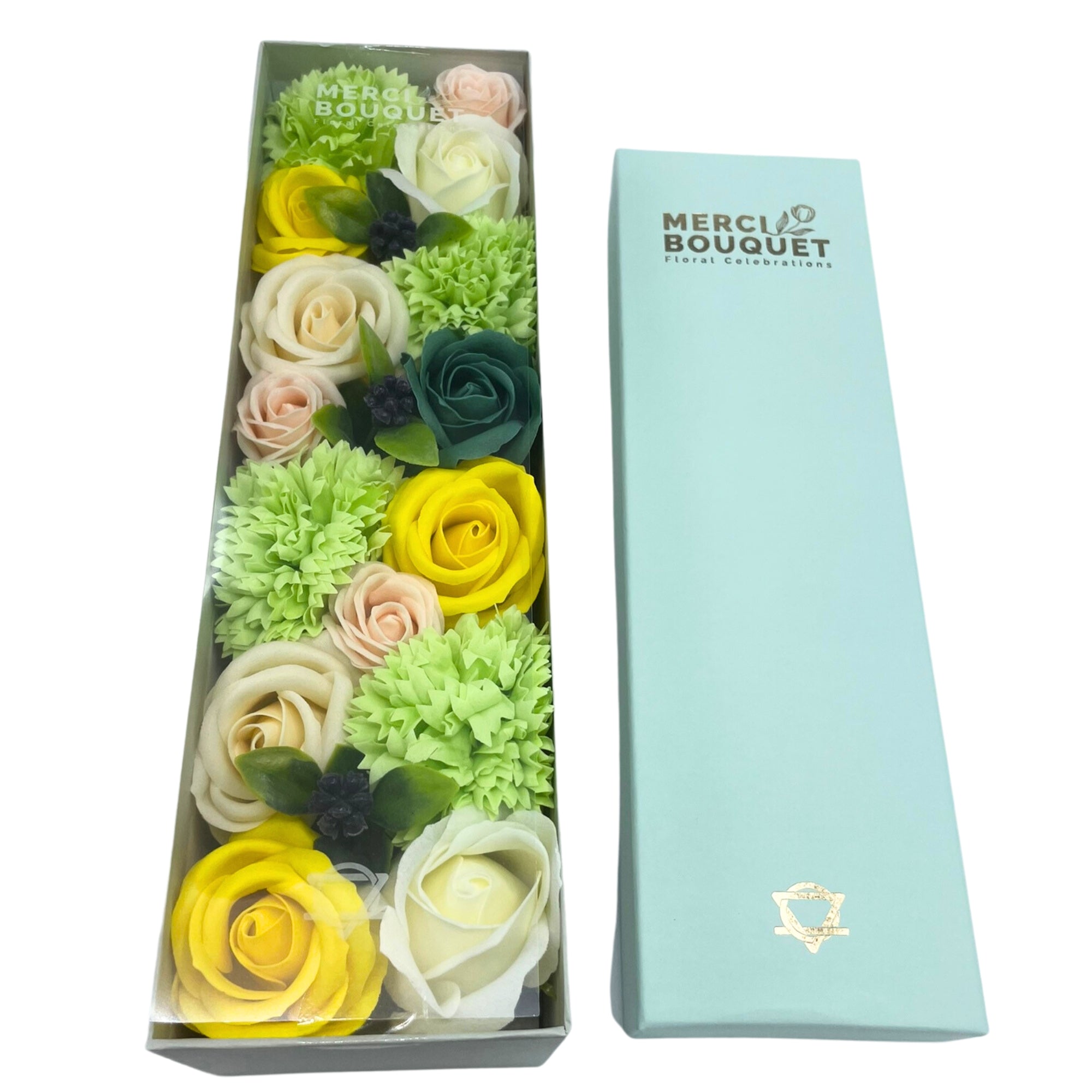 Coffret de fleurs de savon de 28x8x8,5 cm couleurs jaune et vert