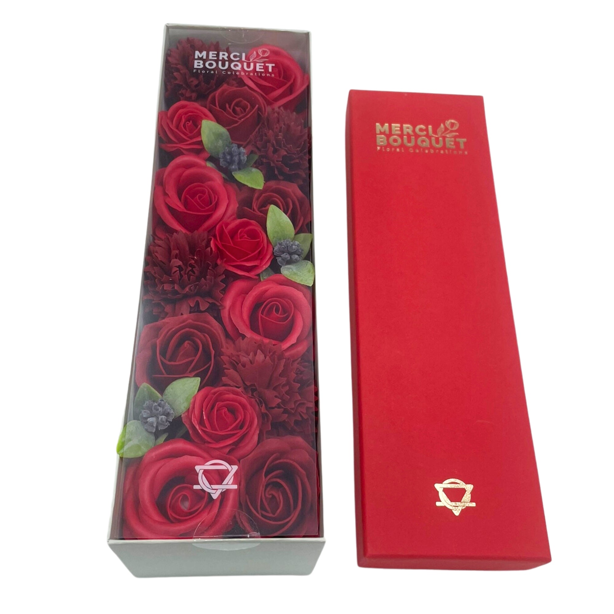 Coffret de fleurs de savon de 28x8cm couleurs rouge intense et son couvercle
