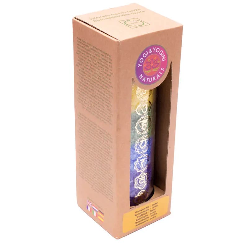 Bougie 7 chakras aux huiles essentielles - Yogi & Yogini - avec son packaging
