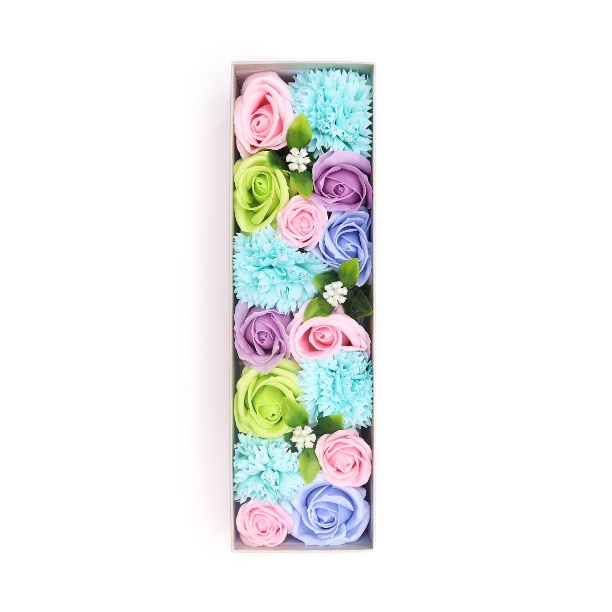 Coffret de 28cm de haut de fleurs de savon couleurs rose, bleu et vert pastels