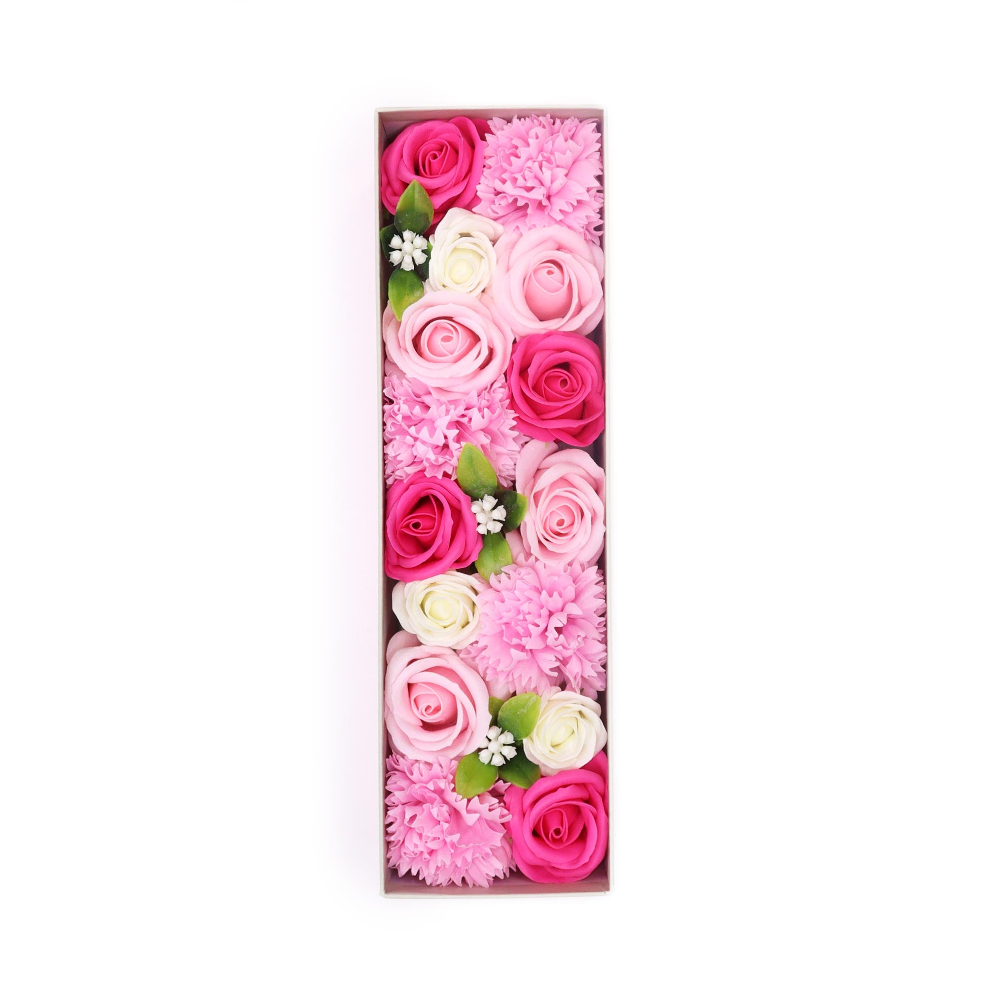 Coffret de 28cm de haut de fleurs de savon couleurs rose