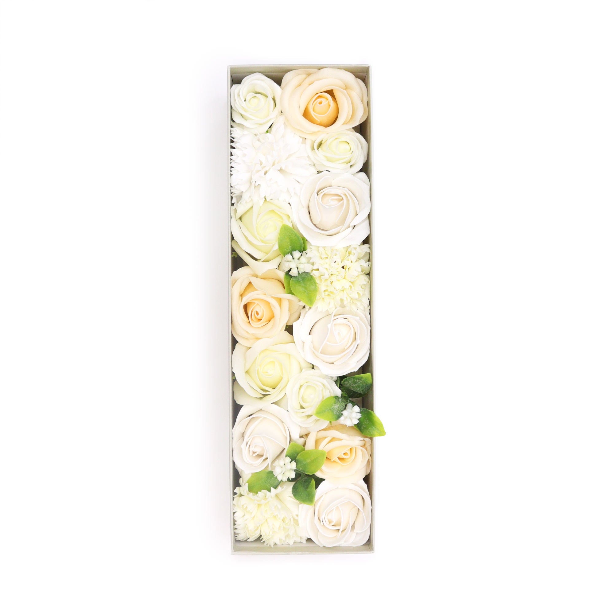 Coffret de 28cm de haut de fleurs de savon couleurs blanc et ivoire