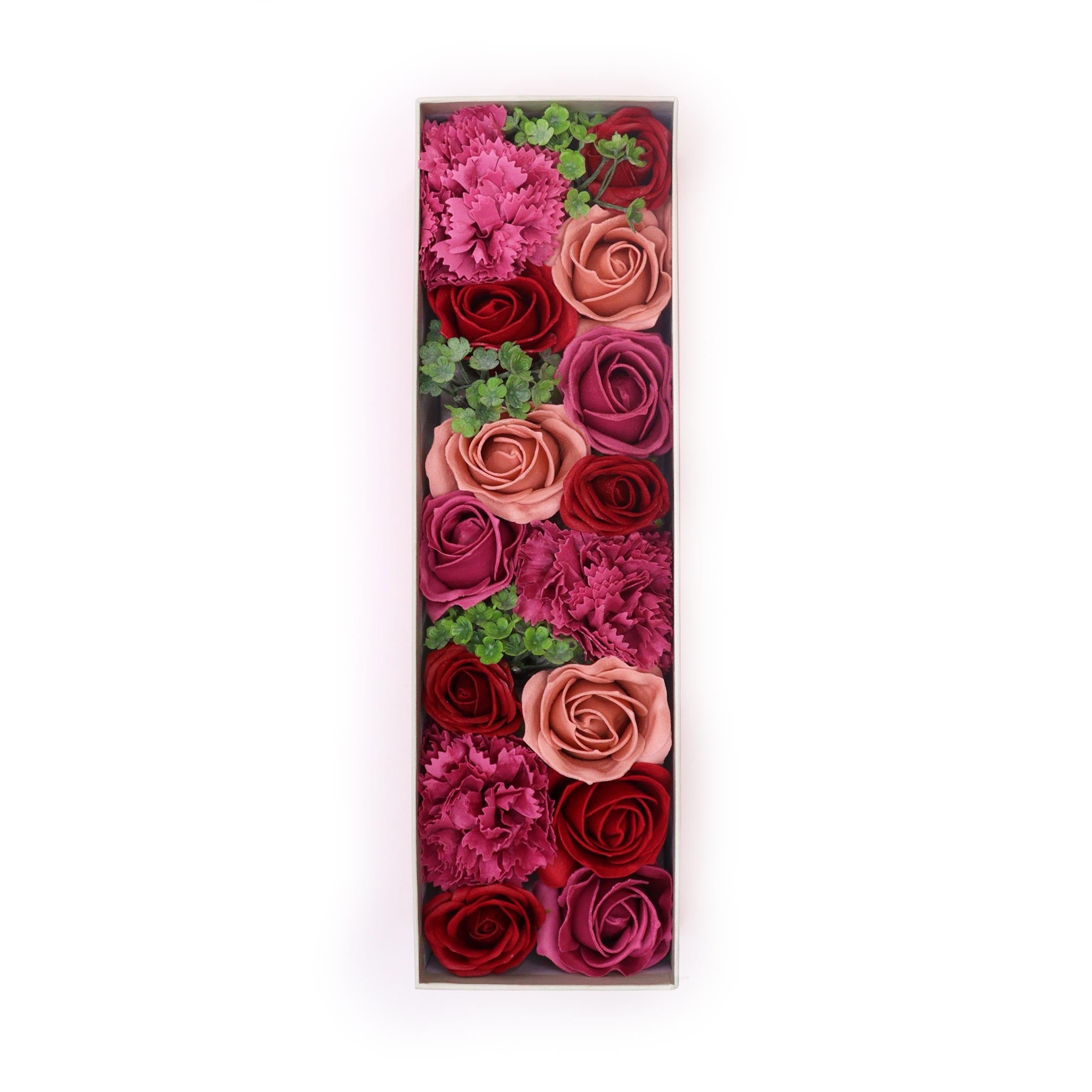 Boite de fleurs de savon de 28cm de haut couleur roses et rouges