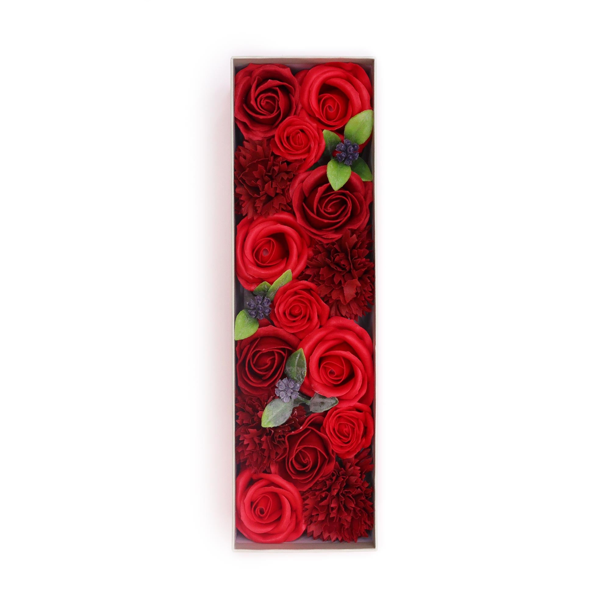 Boite de fleurs de savon de 28x8cm
couleurs rouge intense