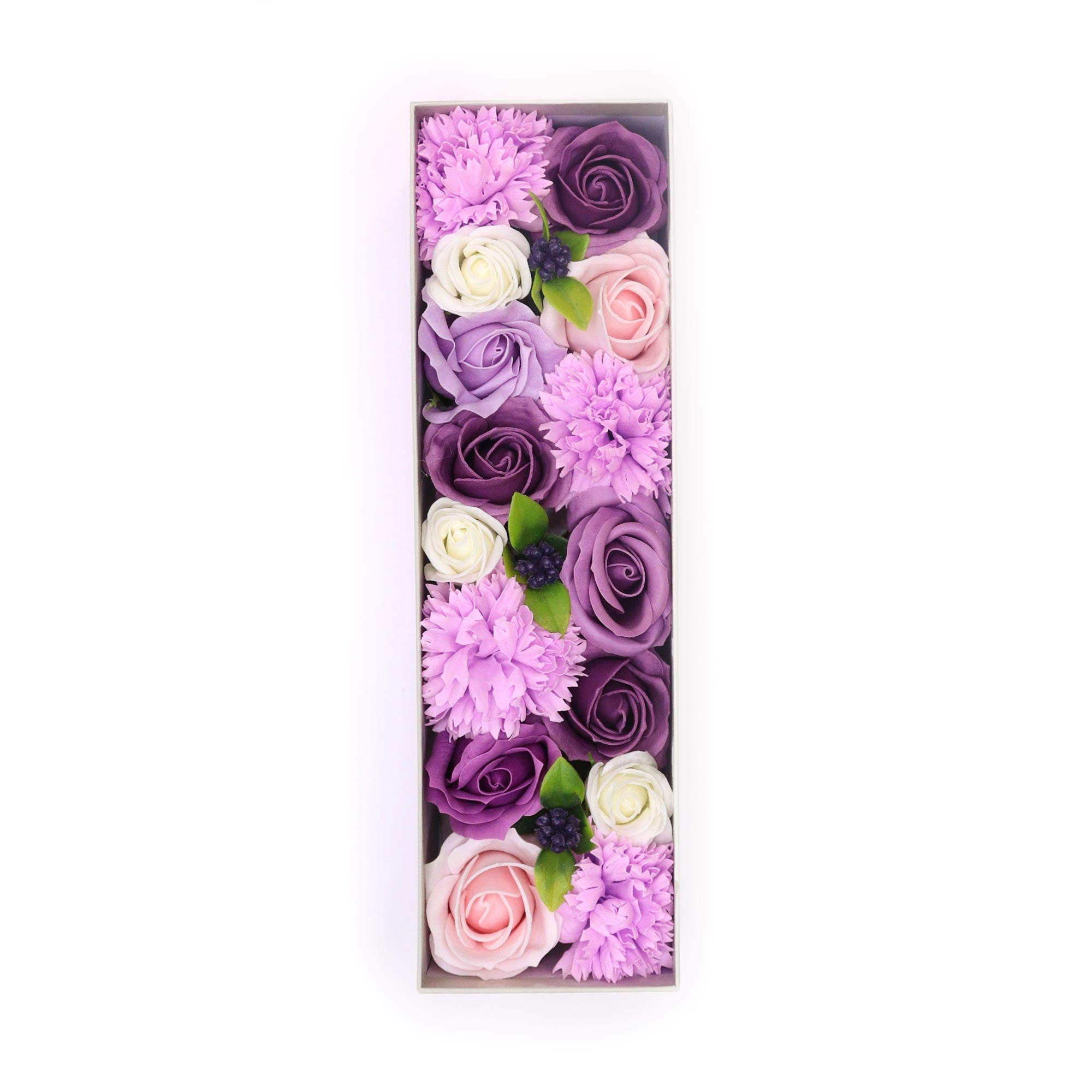 Boite de fleurs de savon de 28x8cm
couleurs lavande et violet