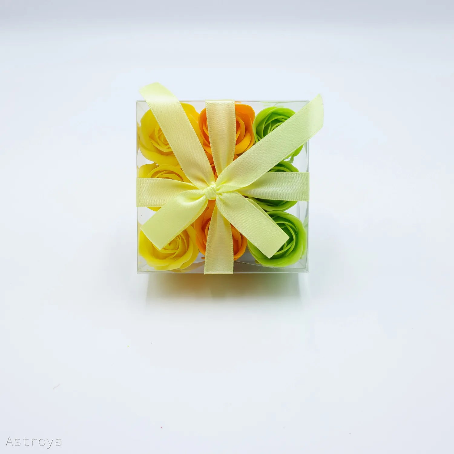 Boites de 9 roses d savon orange, jaune et vert