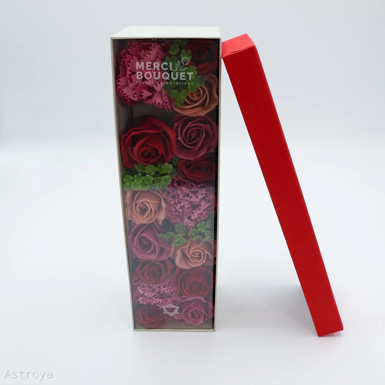 Coffret de fleurs de savon de 28x8cm couleurs roses et rouges avec son couvercle