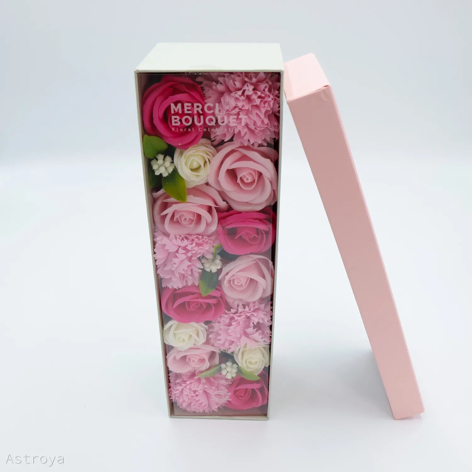 Coffret de 28cm de haut de fleurs de savon couleurs rose et son couvercle