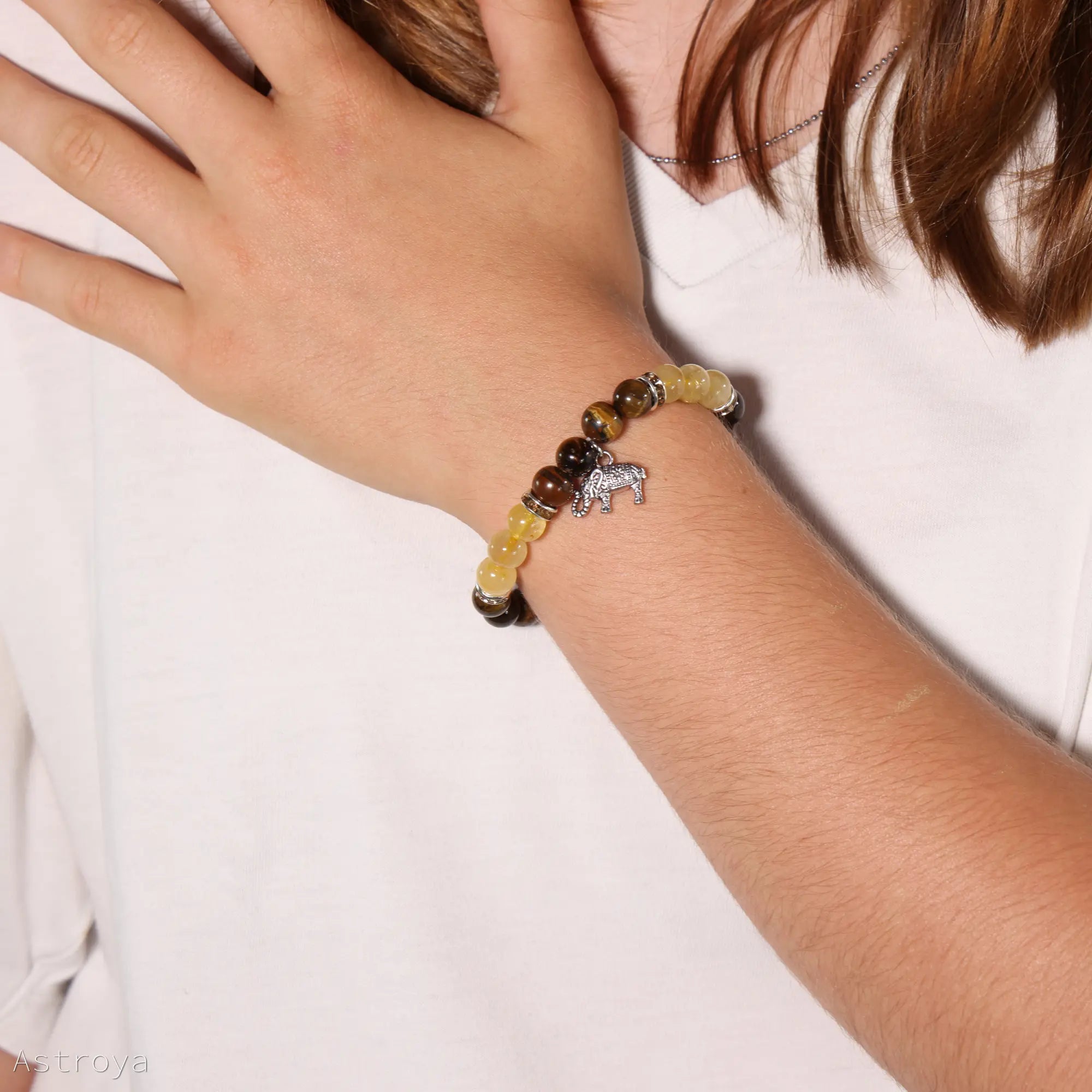 Bracelet Oeil de Tigre - Quartz Rutile | charm Éléphant