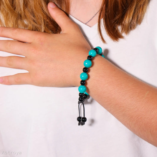 Bracelet Turquoise et Agate noir ajustable - 11 mm