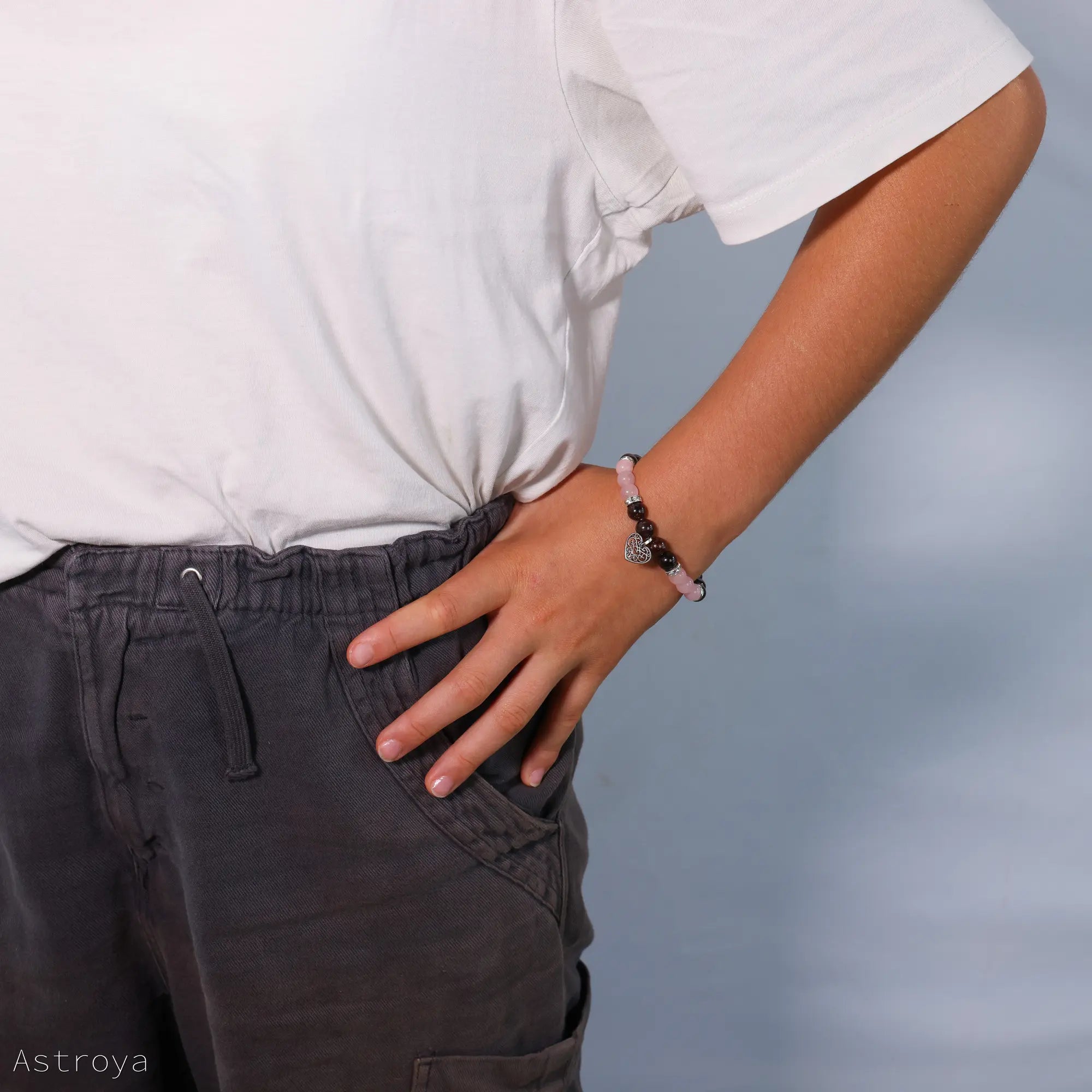 Bracelet Grenat - Quartz Rose | charm Coeur