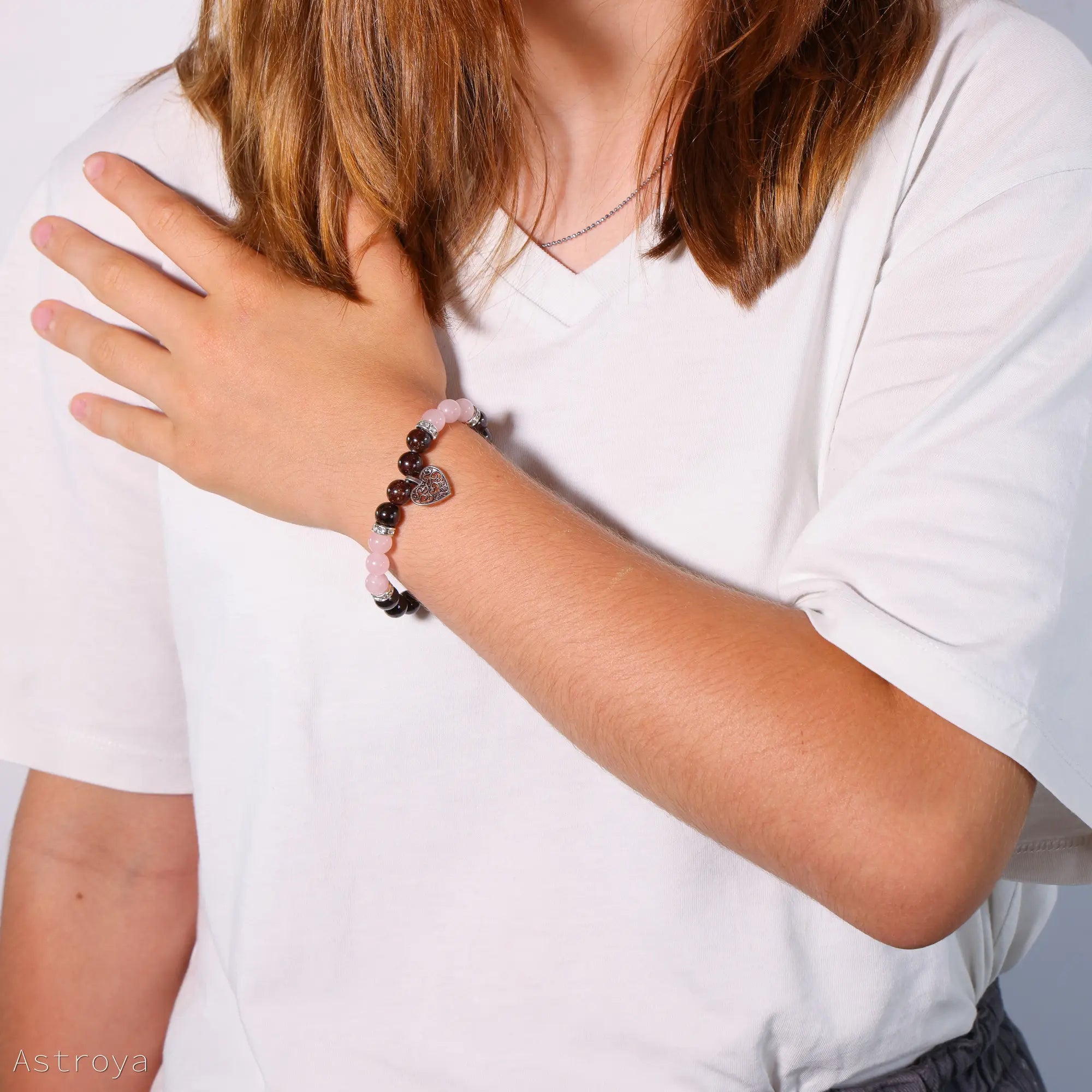 Bracelet Grenat - Quartz Rose | charm Coeur