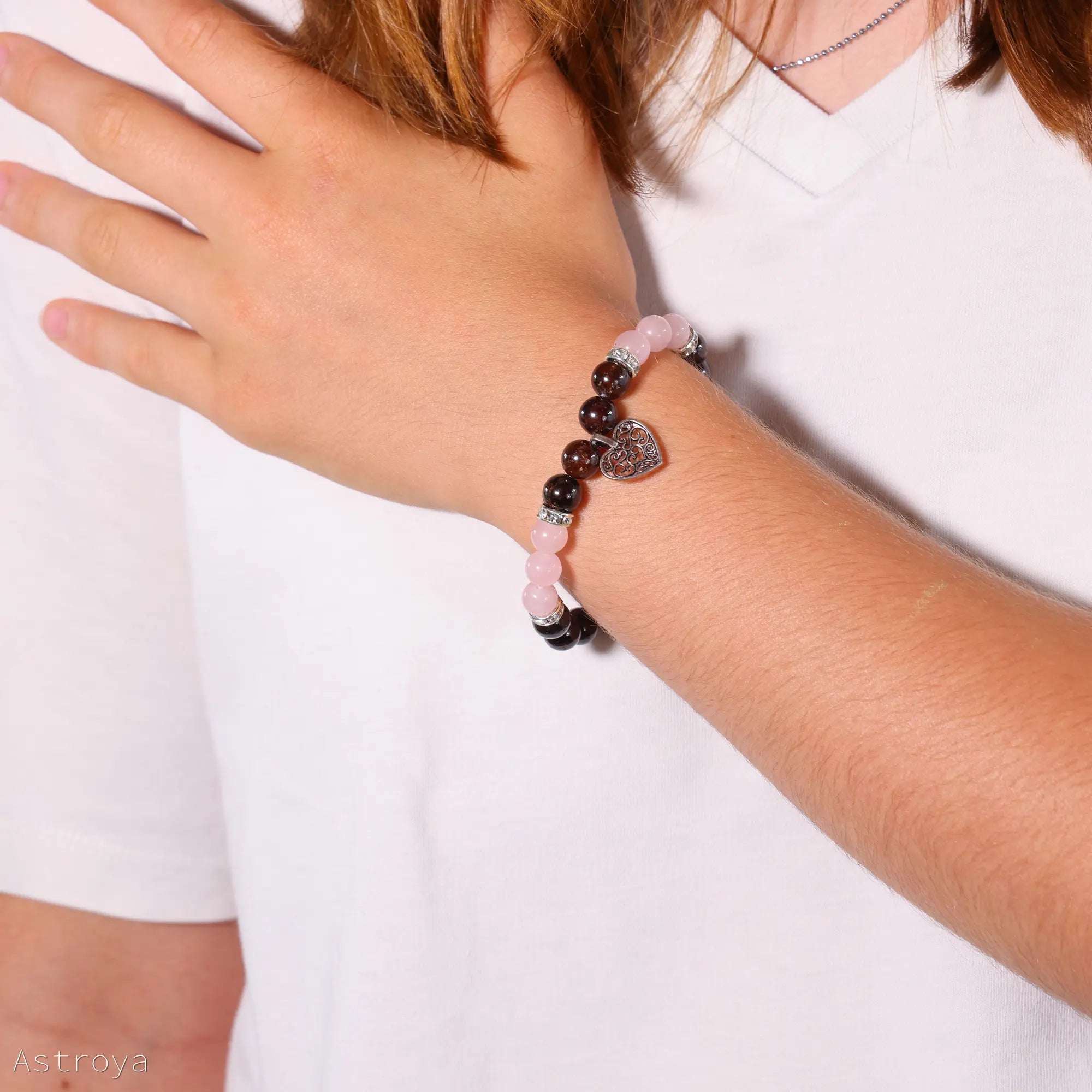 Bracelet Grenat - Quartz Rose | charm Coeur