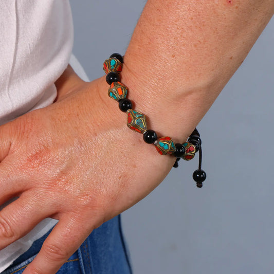Bracelet Turquoise Corail et Agate noir Losange