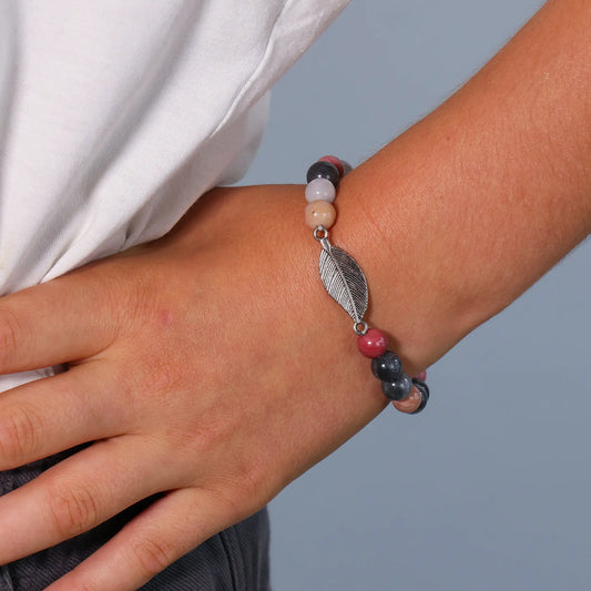 Bracelet Rhodonite - Quartz Gris avec Plume