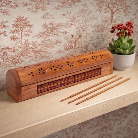 Boîte brûle-encens en bois d’acacia gravée Fleur de Vie pour rituel spirituel