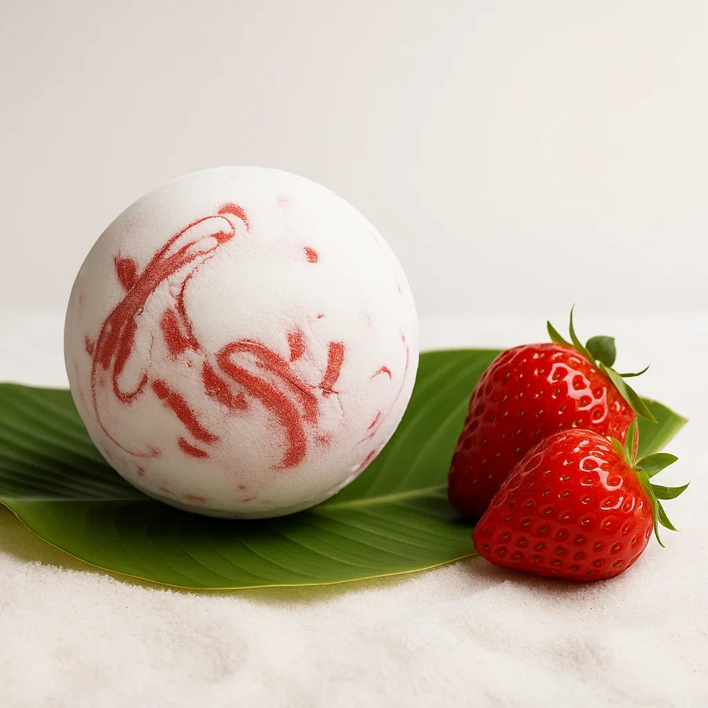 Bombe de bain fraise au karité, parfum sucré et mousse délicate pour un bain bien-être tropical