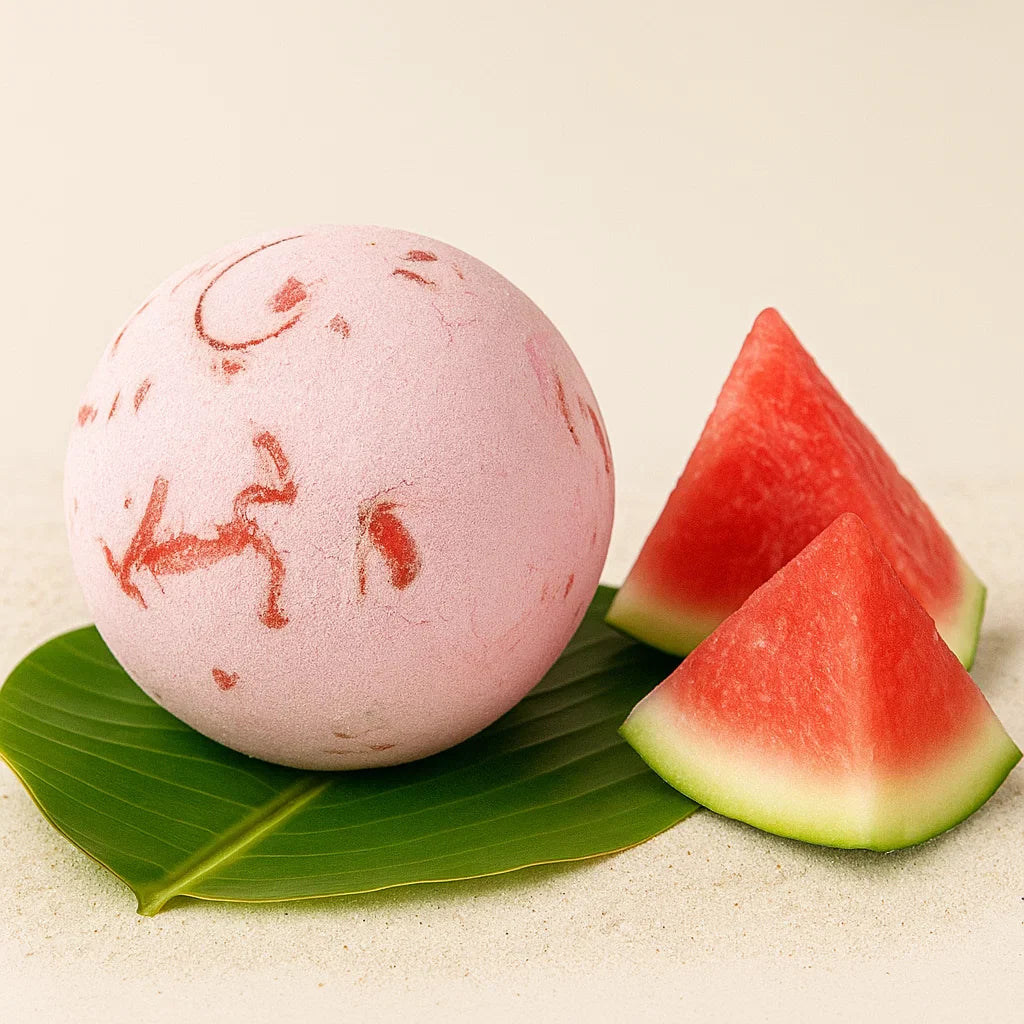 Bombe de bain pastèque au karité, expérience bain gourmande et estivale – gamme Paradis Tropical
