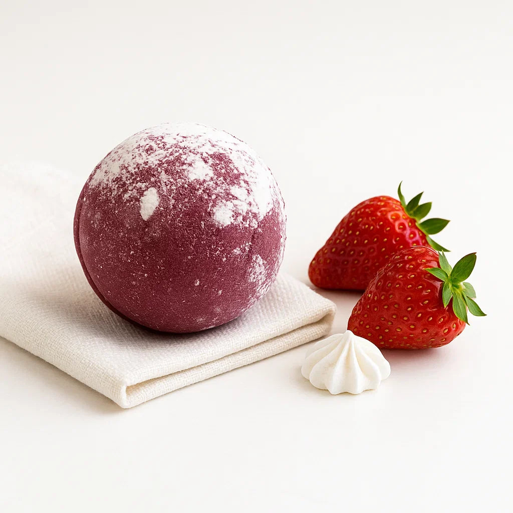 Bombe de bain au karité parfum pavlova aux fraises – coffret cadeau bain gourmand