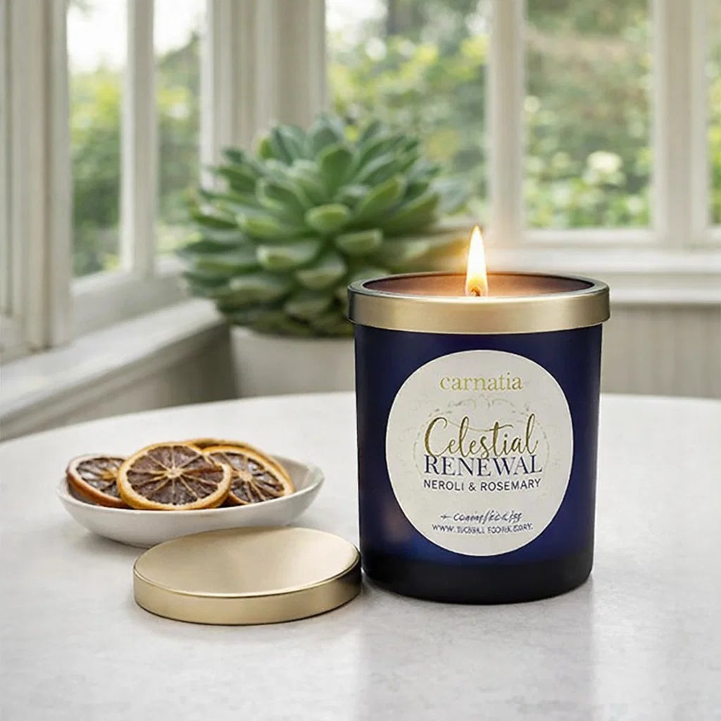 Une bougie ougie en cire de soja Renouveau Céleste et son verre réutilisable