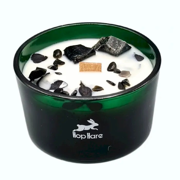 Bougie magique en cristal Le Chevalier des Épées décorée de fleurs séchées et gemmes obsidienne pour purifier les énergies