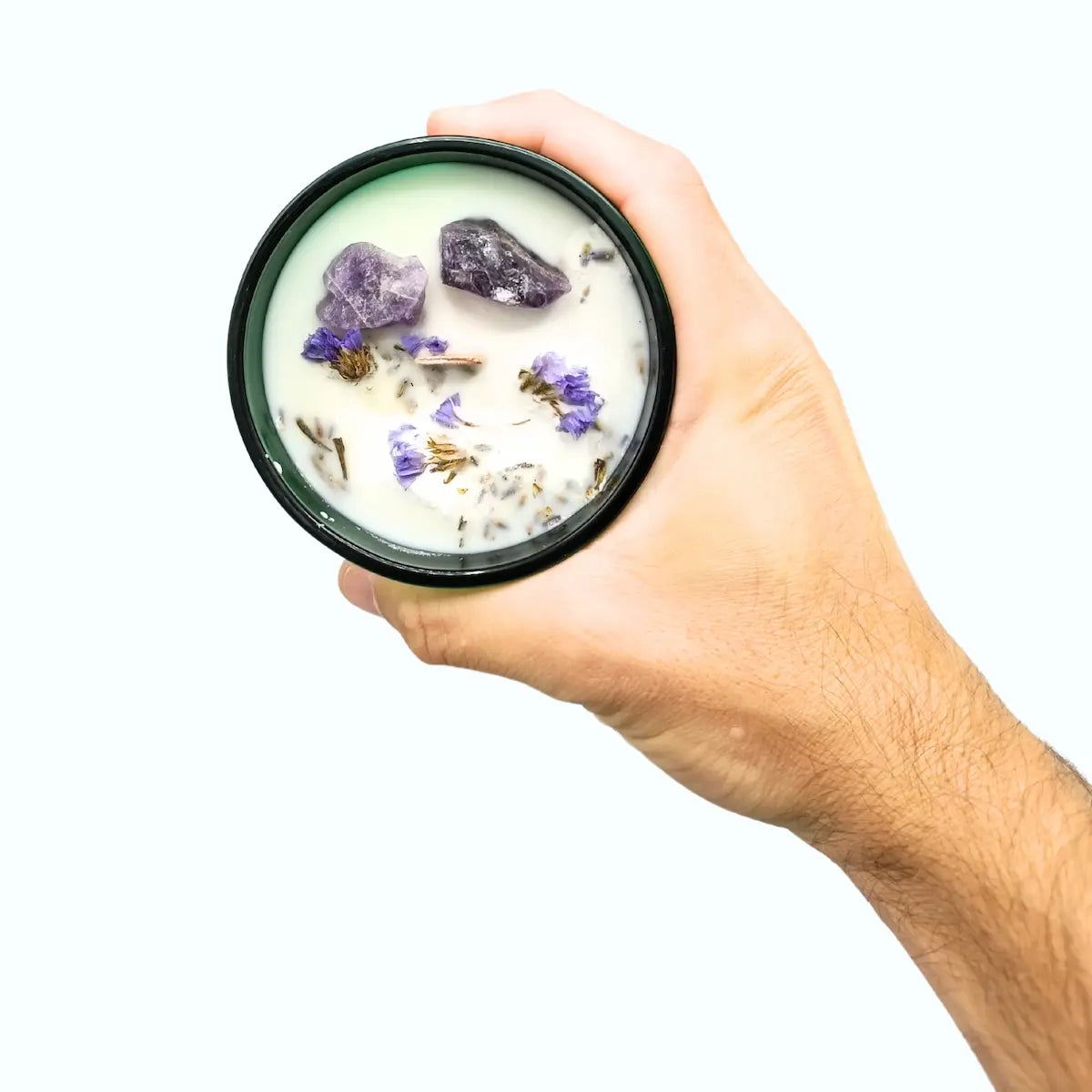 Bougie ésotérique La Lune décorée de fleurs séchées et gemmes améthyste pour rituels de détente et intuition