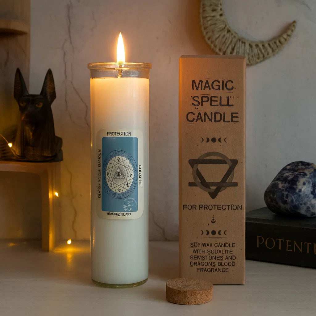 Bougie magique Protection avec pierres naturelles – purification, apaisement et sécurité énergétique