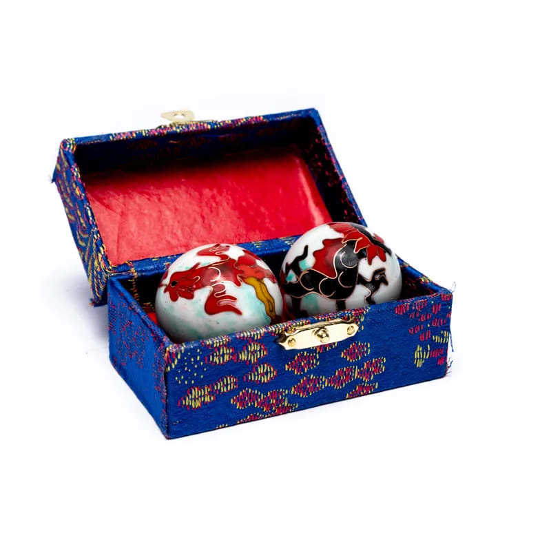 Boules de santé Qi Gong Phénix et Dragon de 3,5 cm présentées dans leur coffret décoratif, idée cadeau bien-être