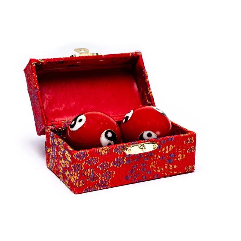 Boules de santé Qi Gong Yin et Yang rouges de 3.5 cm dans leur coffret en bois pour bien-être et relaxation