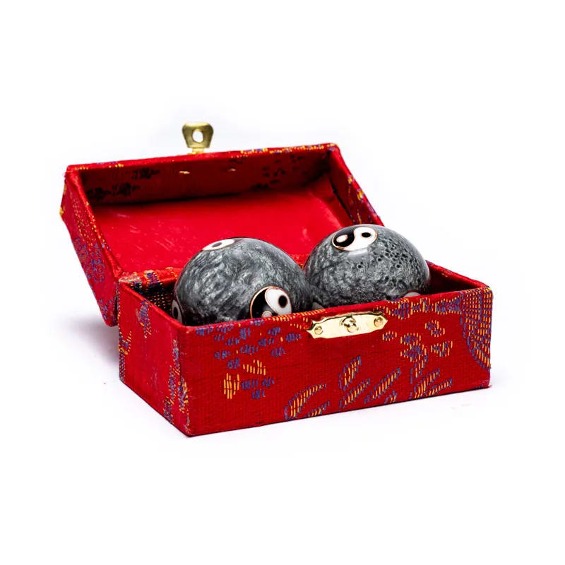 Coffret avec boules de santé Qi Gong Yin et Yang gris 4 cm pour relaxation et Tai Chi