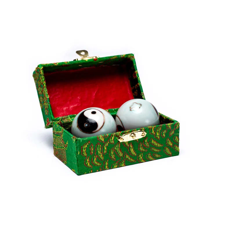 Coffret avec boules de santé Qi Gong Yin et Yang marbré vert de 3,5 cm