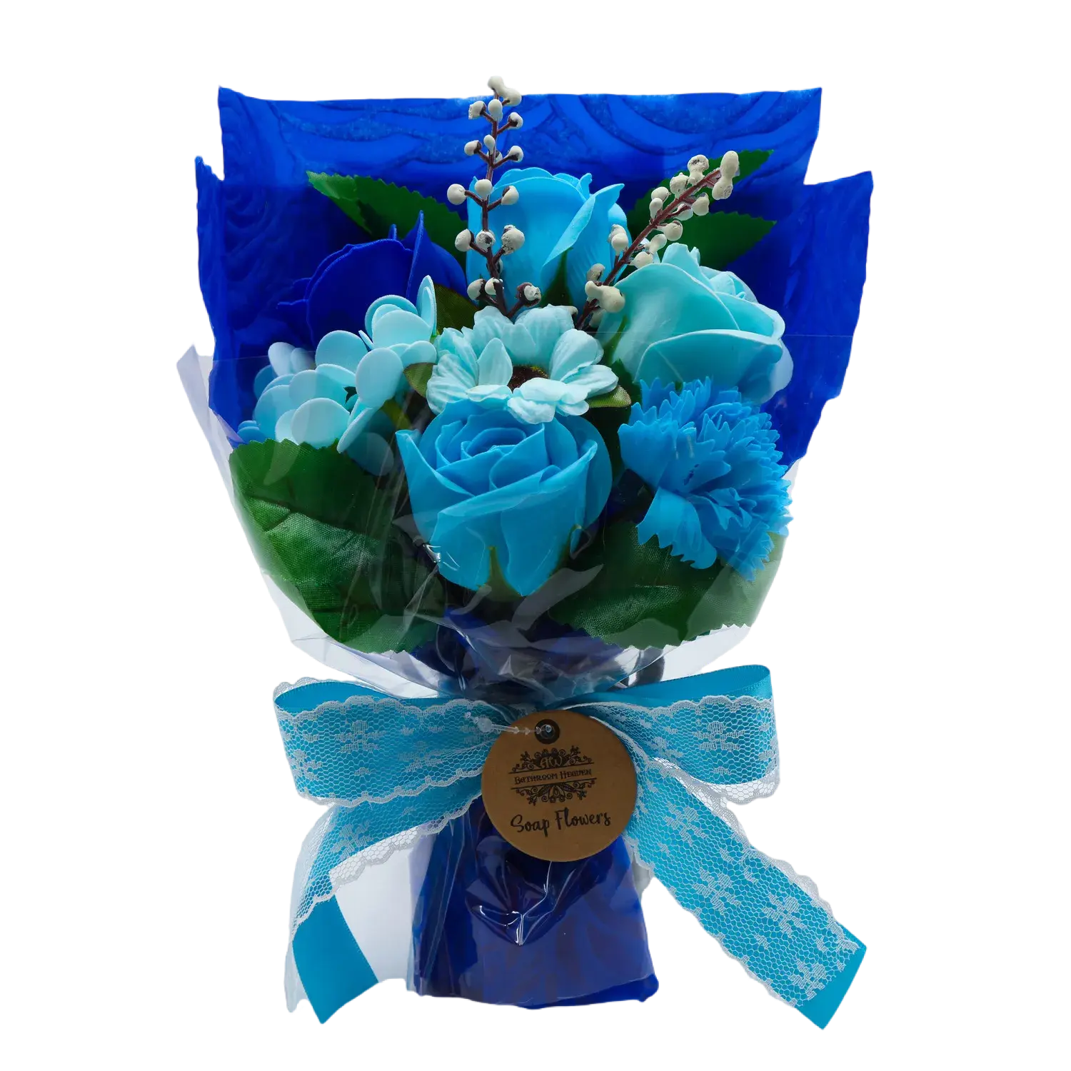 Arrangement floral bleu en fleurs de savon parfumées – bouquet décoratif Astroya.fr