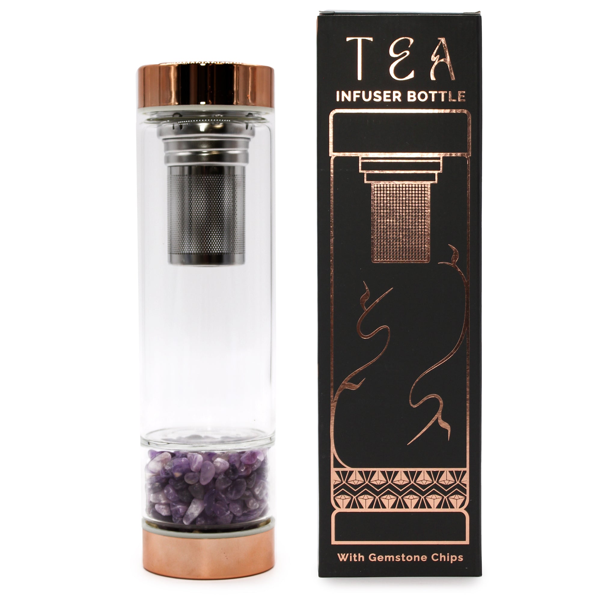 Bouteille infuseur à thés en verre avec pierres d’améthyste naturelles et packaging élégant