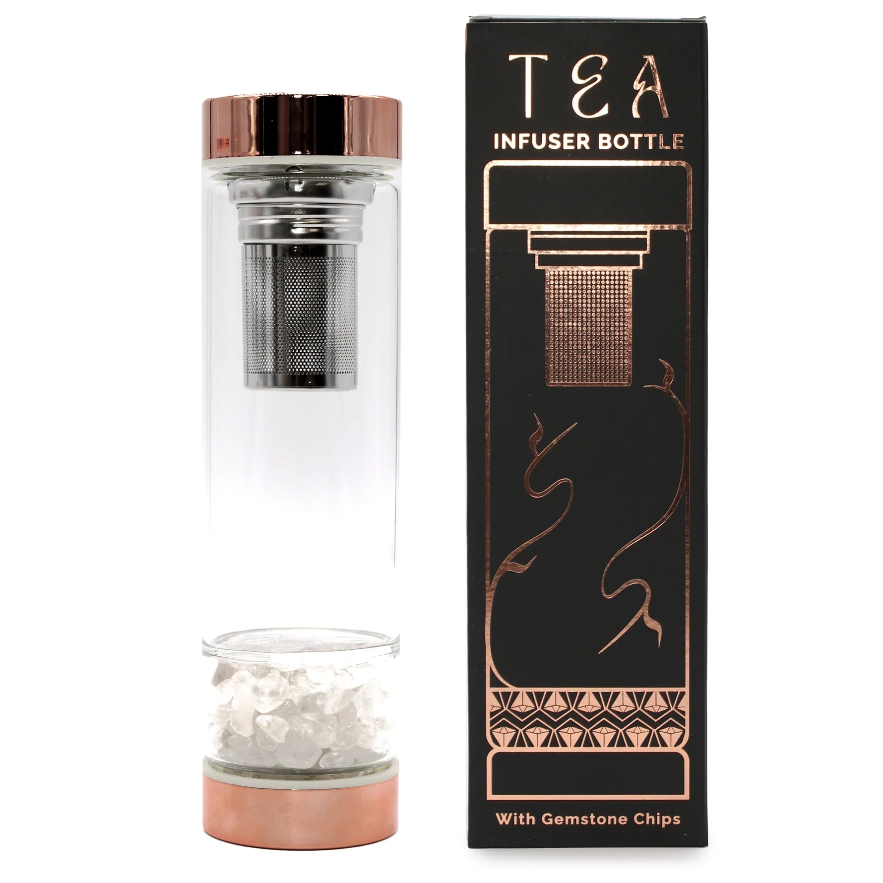 Bouteille infuseur à thé en verre avec Quartz de Roche, packaging élégant et écologique