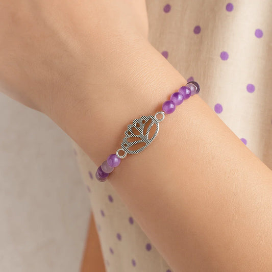 Bracelet Améthyste Chevron - Cristal de Roche | charm Lotus