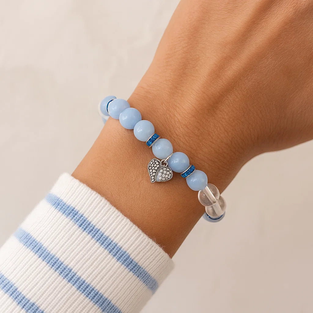 Bracelet Angélite - Cristal de roche | charm Ange