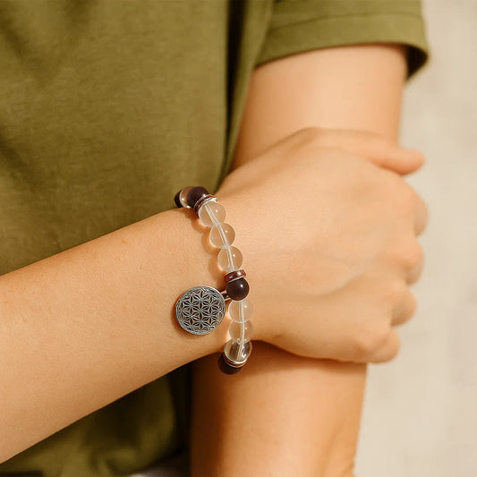 Bracelet Cristal de roche - Améthyste | charm Fleur de Vie