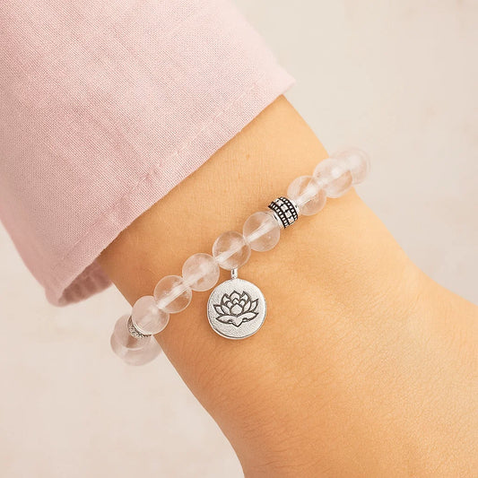 Bracelet en Cristal de Roche 21 perles | charm Lotus
