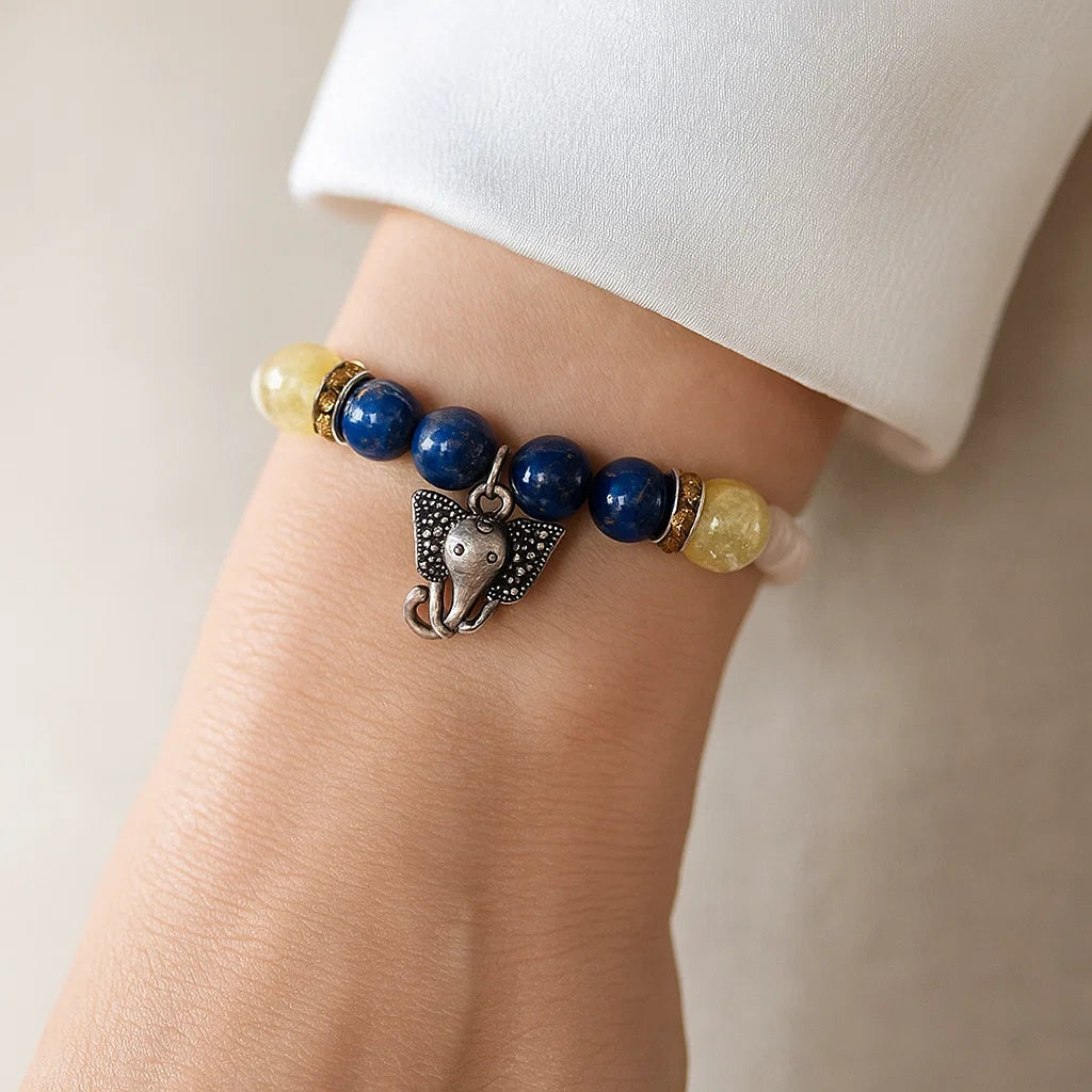 Bracelet Lapis Lazuli - Quartz Rutile [ charm Éléphant