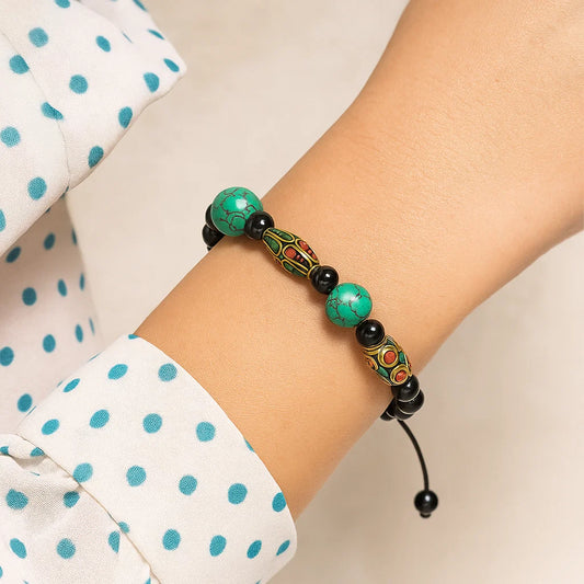 Bracelet Turquoise Corail et Agate noir ajustable - 13 mm