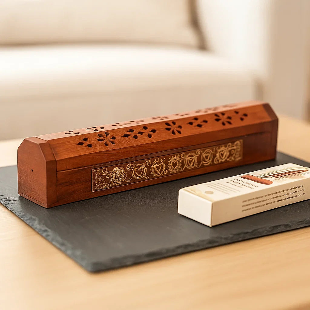 Boîte brûle-encens artisanale en bois avec symboles des chakras pour encens ayurvédique