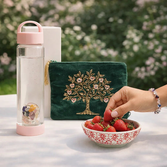 Coffret cadeau bien-être Cuzco avec bouteille Prana quartz rose, pochette Arbre de Vie et bracelet énergétique