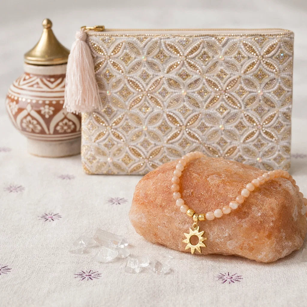 Coffret cadeau vitalité avec collier pierre de soleil et pochette velours Fleur de Vie