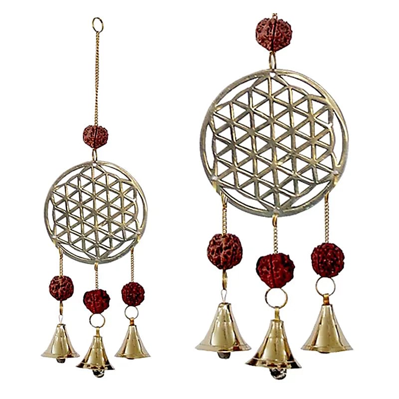Carillon à vent Fleur de Vie en bois et perles de rudraksha - 27 cm, décoration spirituelle et harmonisation énergétique
