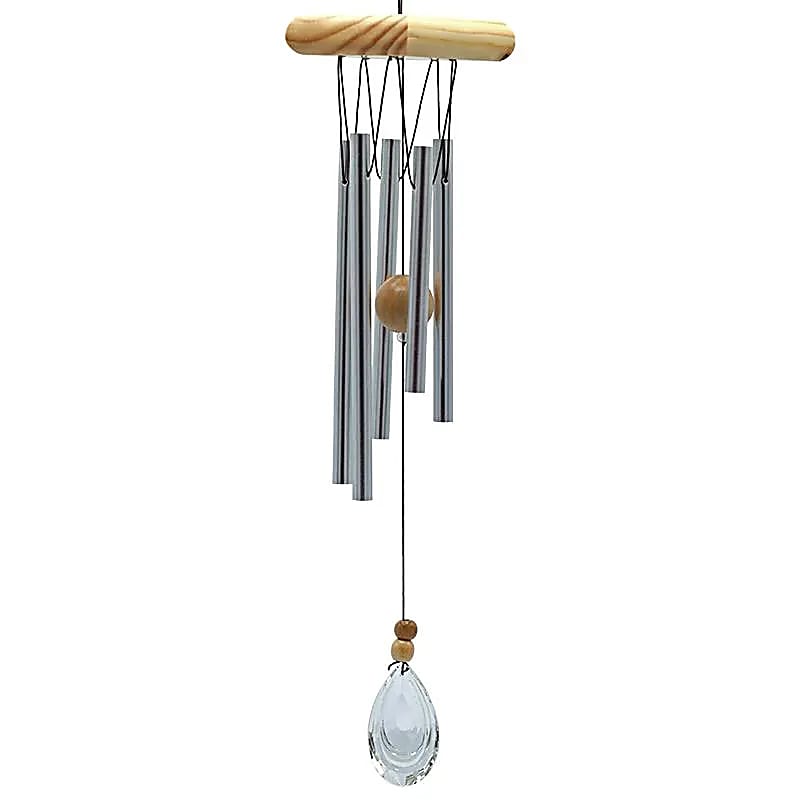 Carillon à vent décoratif de 48 cm avec 5 tubes en aluminium, bois naturel et cristal, idéal pour feng shui et décoration zen.