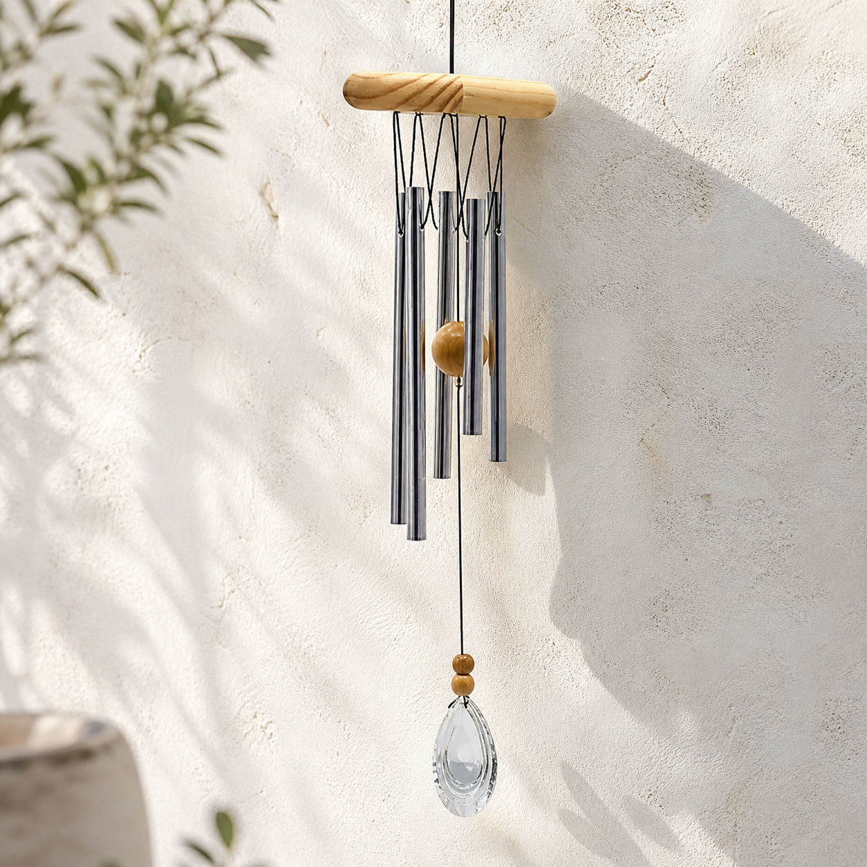 Carillon à vent 5 tubes alu, bois et cristal - 48 cm